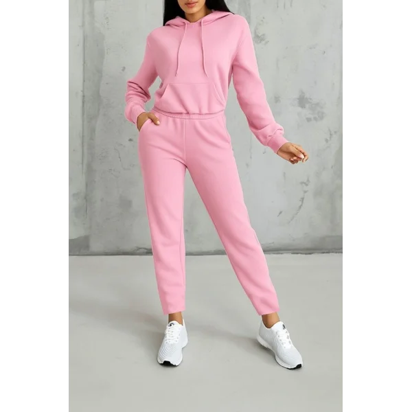 Kadın Uzun Kollu Kapşonlu Bağcıklı üç Iplik Bluz Ve Pantolon Ikili Takım