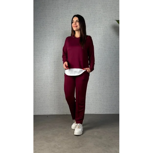 Kadın Uzun Kollu Kapşonlu Bağcıklı Viskon Iki Iplik Bluz Ve Pantolon Ikili Takım