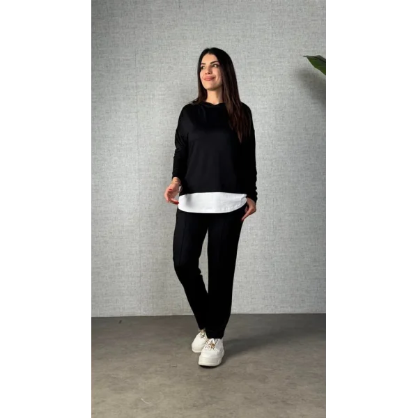 Kadın Uzun Kollu Kapşonlu Bağcıklı Viskon Iki Iplik Bluz Ve Pantolon Ikili Takım