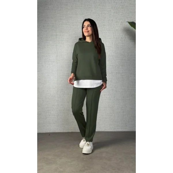 Kadın Uzun Kollu Kapşonlu Bağcıklı Viskon Iki Iplik Bluz Ve Pantolon Ikili Takım