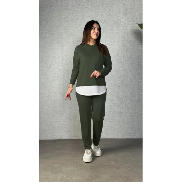 Kadın Uzun Kollu Kapşonlu Bağcıklı Viskon Iki Iplik Bluz Ve Pantolon Ikili Takım