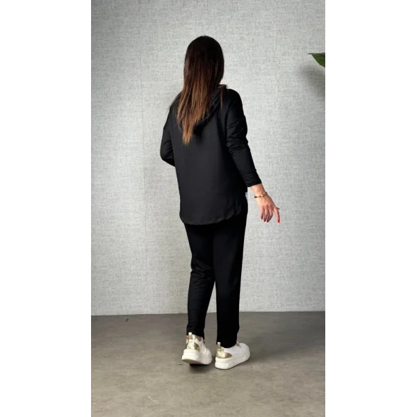 Kadın Uzun Kollu Kapşonlu Bağcıklı Viskon Iki Iplik Bluz Ve Pantolon Ikili Takım