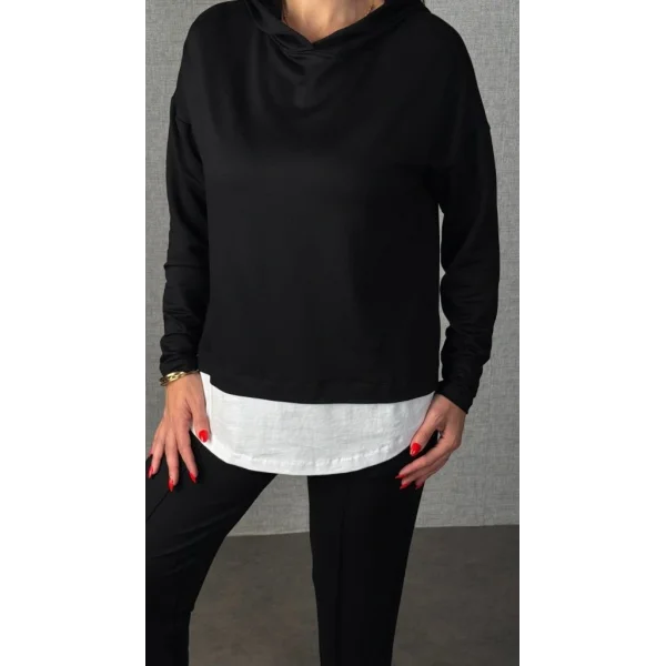 Kadın Uzun Kollu Kapşonlu Bağcıklı Viskon Iki Iplik Bluz Ve Pantolon Ikili Takım