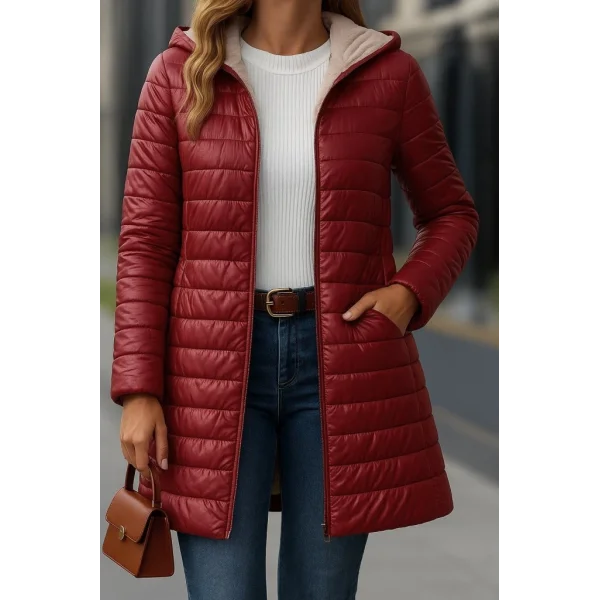 Kadın Uzun Kollu Kapşonlu Cep Detaylı Fermuarlı Orta Boy Mont