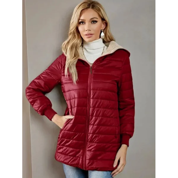 Kadın Uzun Kollu Kapşonlu Cep Detaylı Fermuarlı Orta Boy Mont