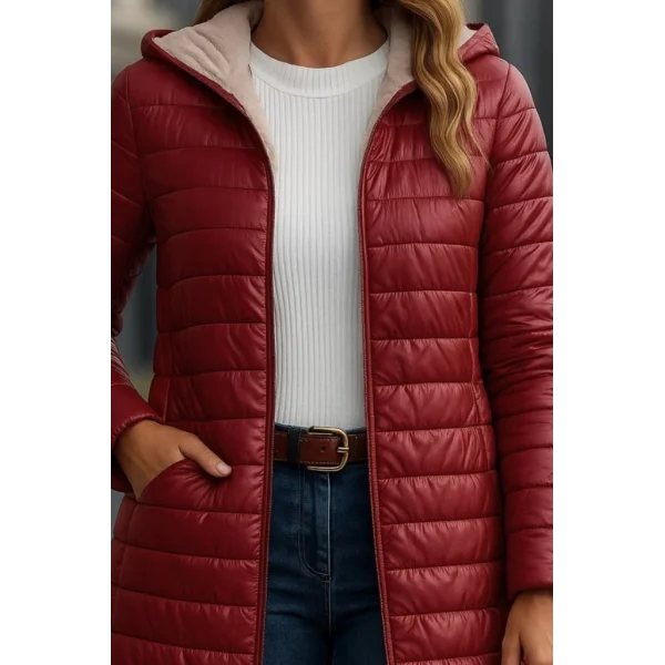 Kadın Uzun Kollu Kapşonlu Cep Detaylı Fermuarlı Orta Boy Mont