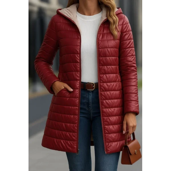 Kadın Uzun Kollu Kapşonlu Cep Detaylı Fermuarlı Orta Boy Mont