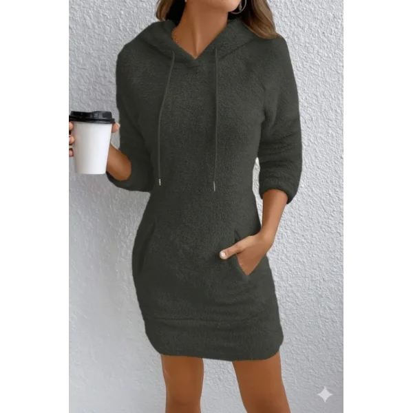 Kadın Uzun Kollu Kapşonlu Cepli Mini Peluş Elbise