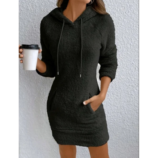 Kadın Uzun Kollu Kapşonlu Cepli Mini Peluş Elbise