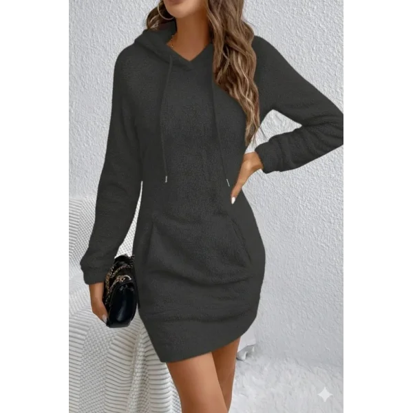 Kadın Uzun Kollu Kapşonlu Cepli Mini Peluş Elbise