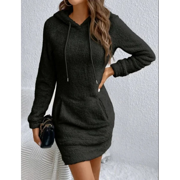 Kadın Uzun Kollu Kapşonlu Cepli Mini Peluş Elbise