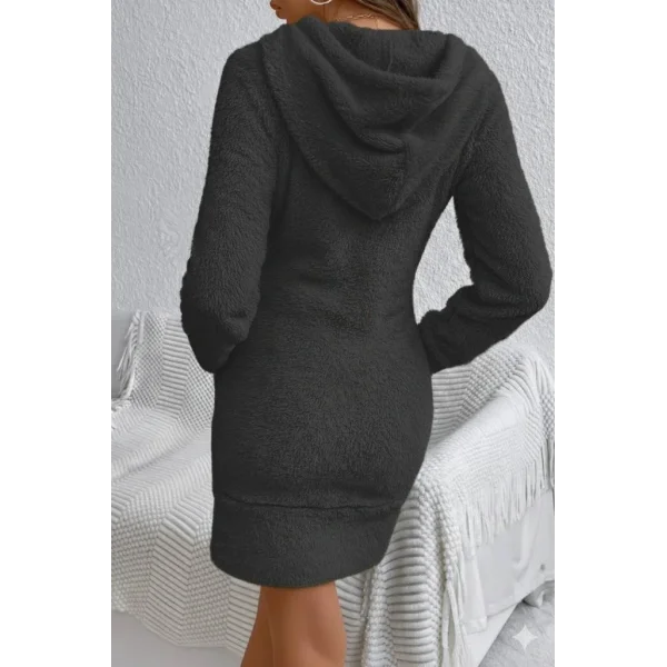 Kadın Uzun Kollu Kapşonlu Cepli Mini Peluş Elbise