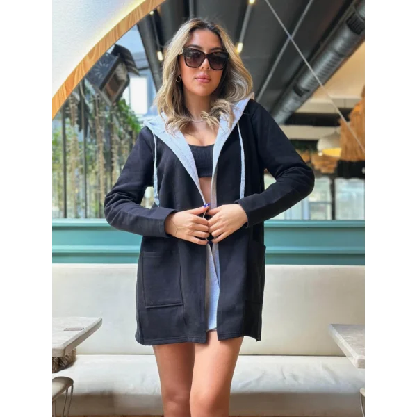 Kadın Uzun Kollu Kapşonlu çift Renkli şardonlu Iki Iplik Ceket