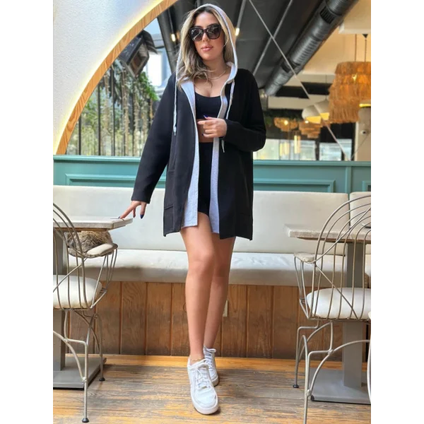 Kadın Uzun Kollu Kapşonlu çift Renkli şardonlu Iki Iplik Ceket