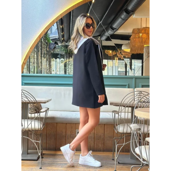 Kadın Uzun Kollu Kapşonlu çift Renkli şardonlu Iki Iplik Ceket