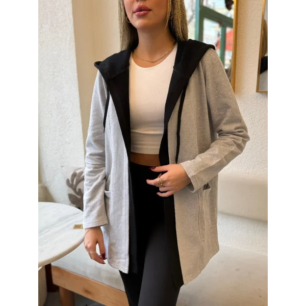 Kadın Uzun Kollu Kapşonlu çift Renkli şardonlu Iki Iplik Ceket