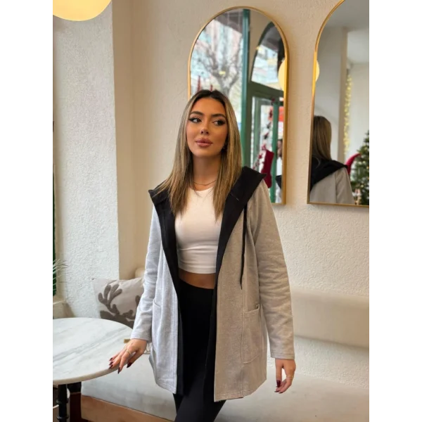 Kadın Uzun Kollu Kapşonlu çift Renkli şardonlu Iki Iplik Ceket