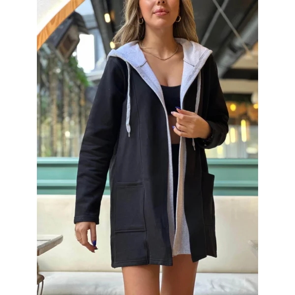 Kadın Uzun Kollu Kapşonlu çift Renkli şardonlu Iki Iplik Ceket