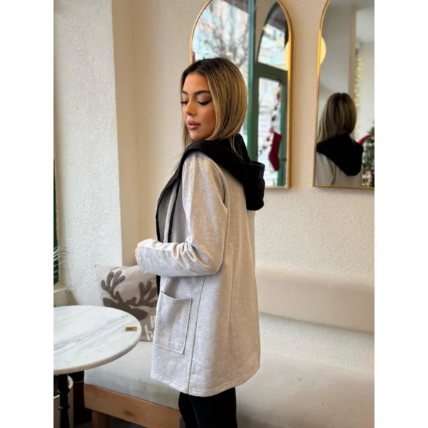 Kadın Uzun Kollu Kapşonlu çift Renkli şardonlu Iki Iplik Ceket