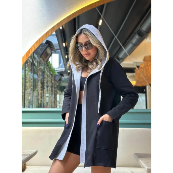 Kadın Uzun Kollu Kapşonlu çift Renkli şardonlu Iki Iplik Ceket