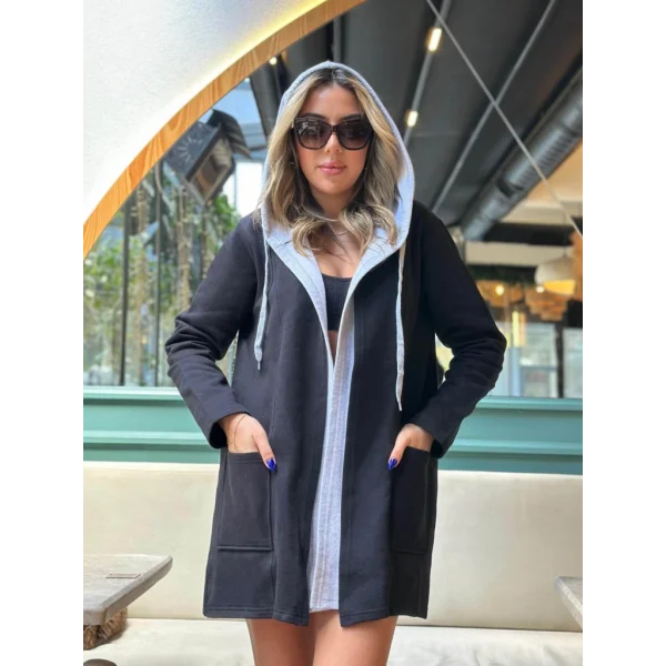 Kadın Uzun Kollu Kapşonlu çift Renkli şardonlu Iki Iplik Ceket