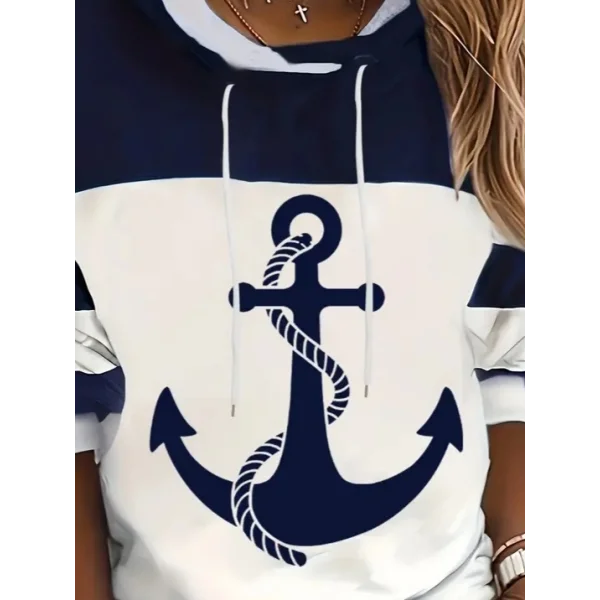 Kadın Uzun Kollu Kapşonlu çıpa Desenli şardonlu Dalgıç Bluz