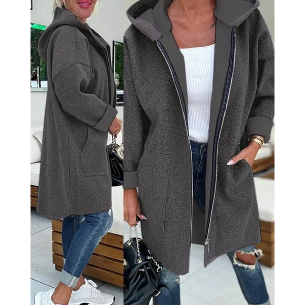 Kadın Uzun Kollu Kapşonlu Fermuar Detaylı Cepli Uzun üç Iplik Ceket
