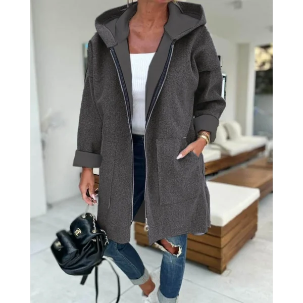 Kadın Uzun Kollu Kapşonlu Fermuar Detaylı Cepli Uzun üç Iplik Ceket