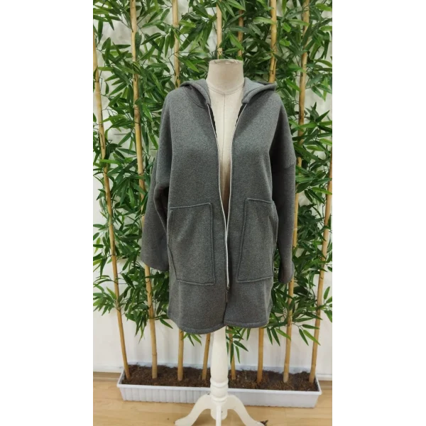 Kadın Uzun Kollu Kapşonlu Fermuar Detaylı Cepli Uzun üç Iplik Ceket