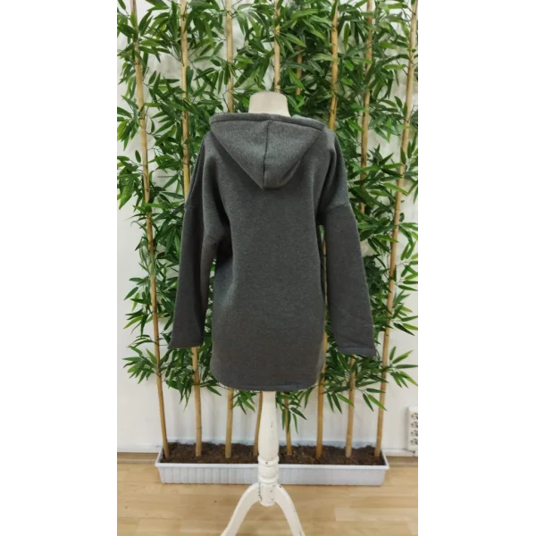 Kadın Uzun Kollu Kapşonlu Fermuar Detaylı Cepli Uzun üç Iplik Ceket