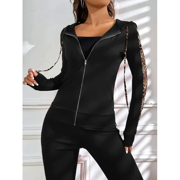 Kadın Uzun Kollu Kapşonlu Fermuarlı Bağcıklı Viskon Iki Iplik Bluz Ve Pantolon Tayt