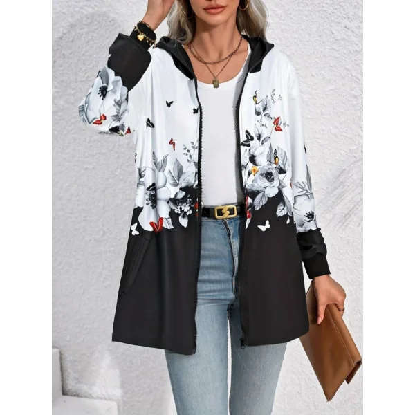 Kadın Uzun Kollu Kapşonlu Fermuarlı çiçek-kelebek Desenli şardonlu Dalgıç Ceket