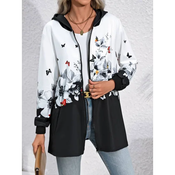 Kadın Uzun Kollu Kapşonlu Fermuarlı çiçek-kelebek Desenli şardonlu Dalgıç Ceket