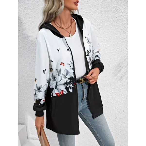 Kadın Uzun Kollu Kapşonlu Fermuarlı çiçekkelebek Desenli şardonlu Dalgıç Ceket