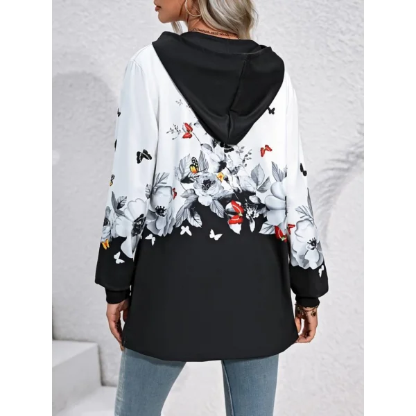 Kadın Uzun Kollu Kapşonlu Fermuarlı çiçekkelebek Desenli şardonlu Dalgıç Ceket