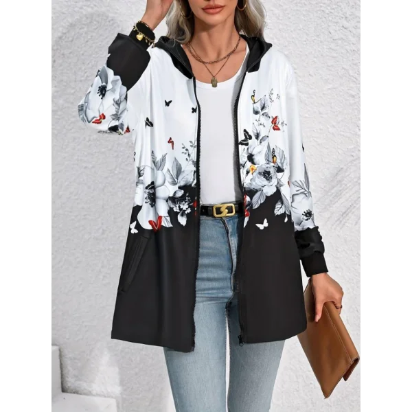 Kadın Uzun Kollu Kapşonlu Fermuarlı çiçekkelebek Desenli şardonlu Dalgıç Ceket