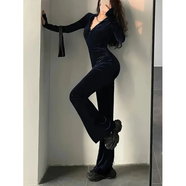 Kadın Uzun Kollu Kapşonlu Fermuarlı Kadife Tulum