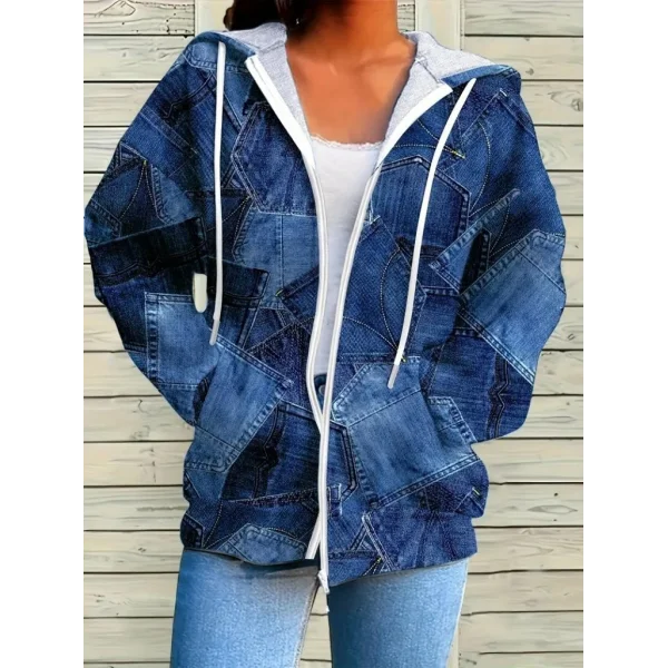 Kadın Uzun Kollu Kapşonlu Fermuarlı Kot Desenli Bağcıklı Modal Ceket