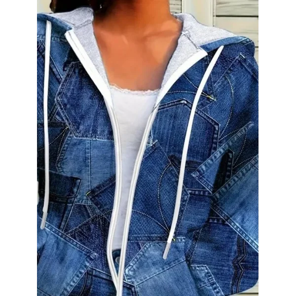 Kadın Uzun Kollu Kapşonlu Fermuarlı Kot Desenli Bağcıklı Modal Ceket