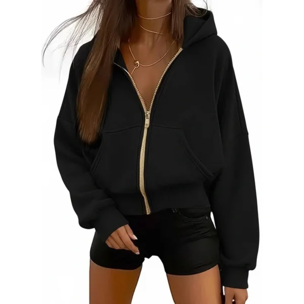 Kadın Uzun Kollu Kapşonlu Fermuarlı önden Cep Detaylı şardonlu Iki Iplik Ceket