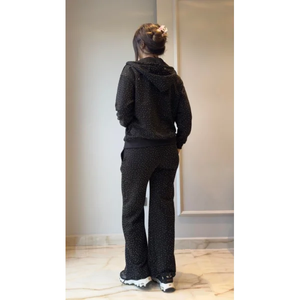 Kadın Uzun Kollu Kapşonlu Fermuarlı Taşlı önü Fermuarlı Viskon Iki Iplik Bluz Ve Eşofman Altı Ikili Takım