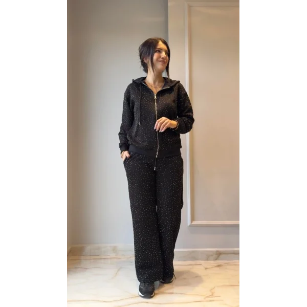 Kadın Uzun Kollu Kapşonlu Fermuarlı Taşlı önü Fermuarlı Viskon Iki Iplik Bluz Ve Eşofman Altı Ikili Takım