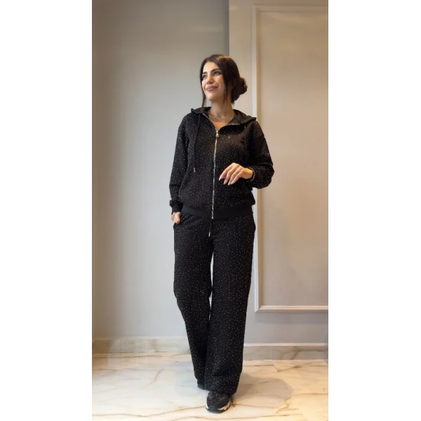 Kadın Uzun Kollu Kapşonlu Fermuarlı Taşlı önü Fermuarlı Viskon Iki Iplik Bluz Ve Eşofman Altı Ikili Takım