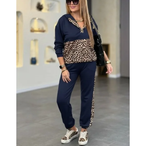 Kadın Uzun Kollu Kapşonlu Leopar Desen Detaylı Viskon Iki Iplik Bluz Ve Pantolon Ikili Takım