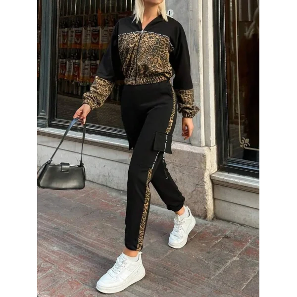 Kadın Uzun Kollu Kapşonlu Leopar Desenli Viskon Iki Iplik Bluz Ve Pantolon Ikili Takım