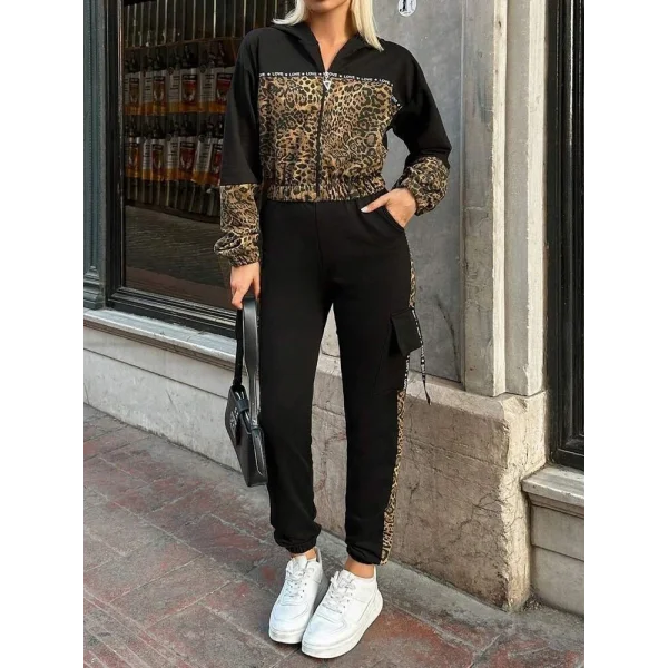 Kadın Uzun Kollu Kapşonlu Leopar Desenli Viskon Iki Iplik Bluz Ve Pantolon Ikili Takım