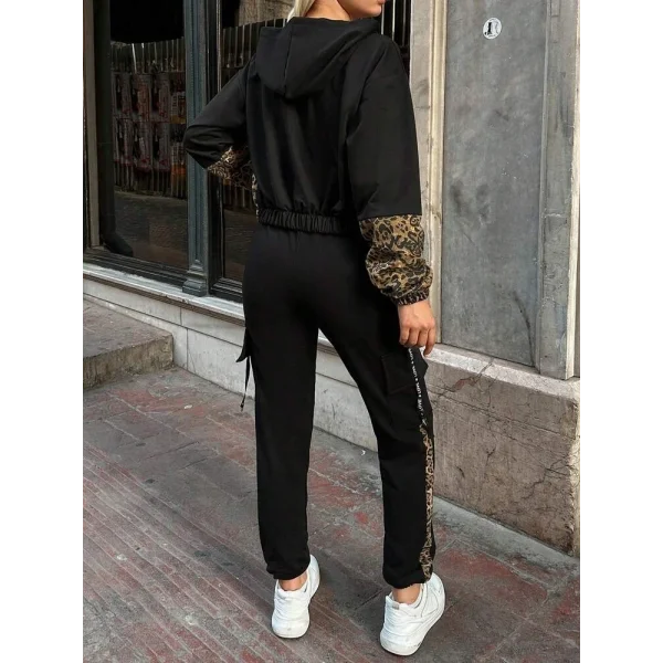 Kadın Uzun Kollu Kapşonlu Leopar Desenli Viskon Iki Iplik Bluz Ve Pantolon Ikili Takım