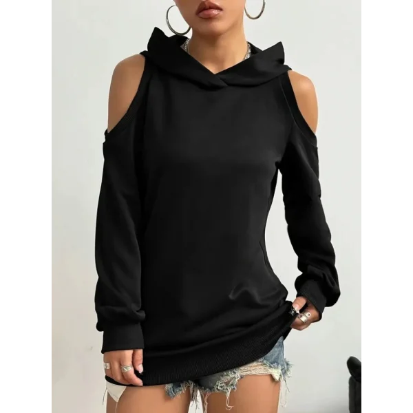 Kadın Uzun Kollu Kapşonlu Omuzlardan Açık Viskon Iki Iplik Bluz