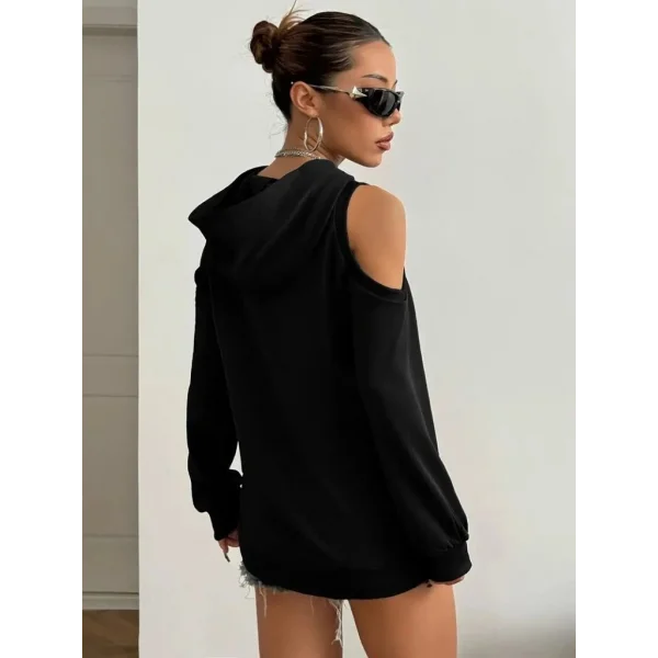 Kadın Uzun Kollu Kapşonlu Omuzlardan Açık Viskon Iki Iplik Bluz