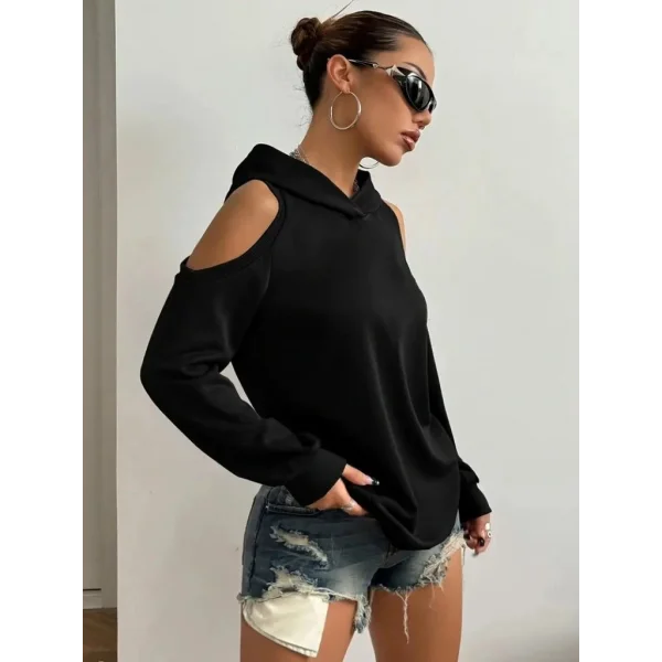 Kadın Uzun Kollu Kapşonlu Omuzlardan Açık Viskon Iki Iplik Bluz